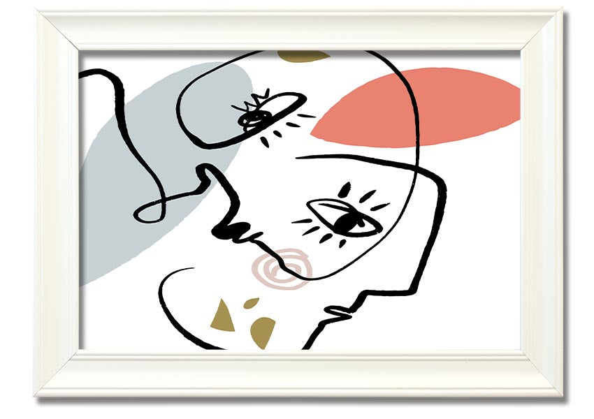 Framed print of abstract line drawing faces, showcasing minimalist art in various frame colors.