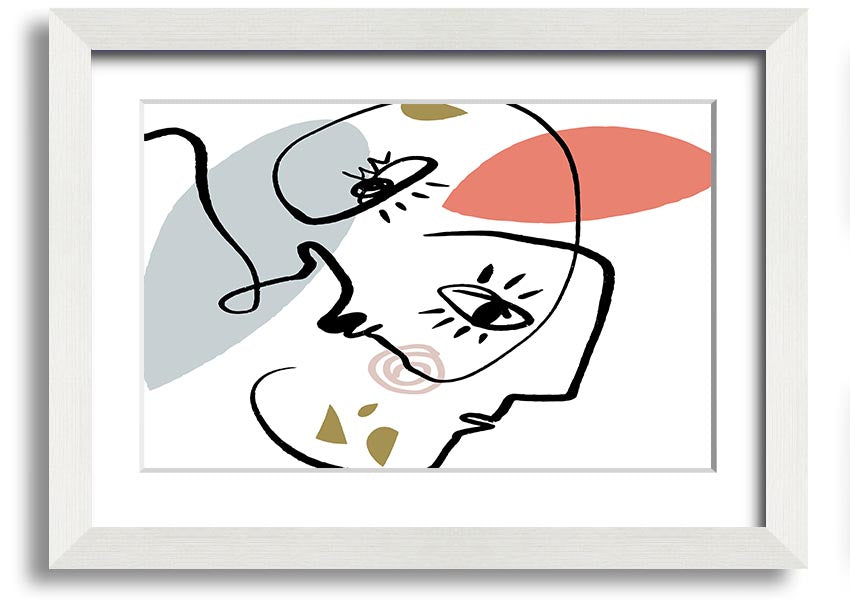 Framed print of abstract line drawing faces, showcasing minimalist art in various frame colors.