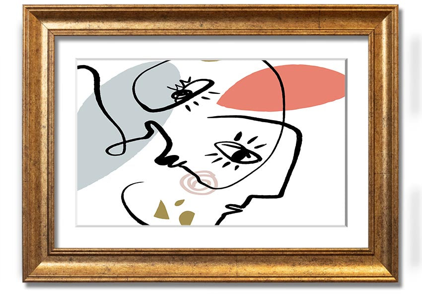 Framed print of abstract line drawing faces, showcasing minimalist art in various frame colors.