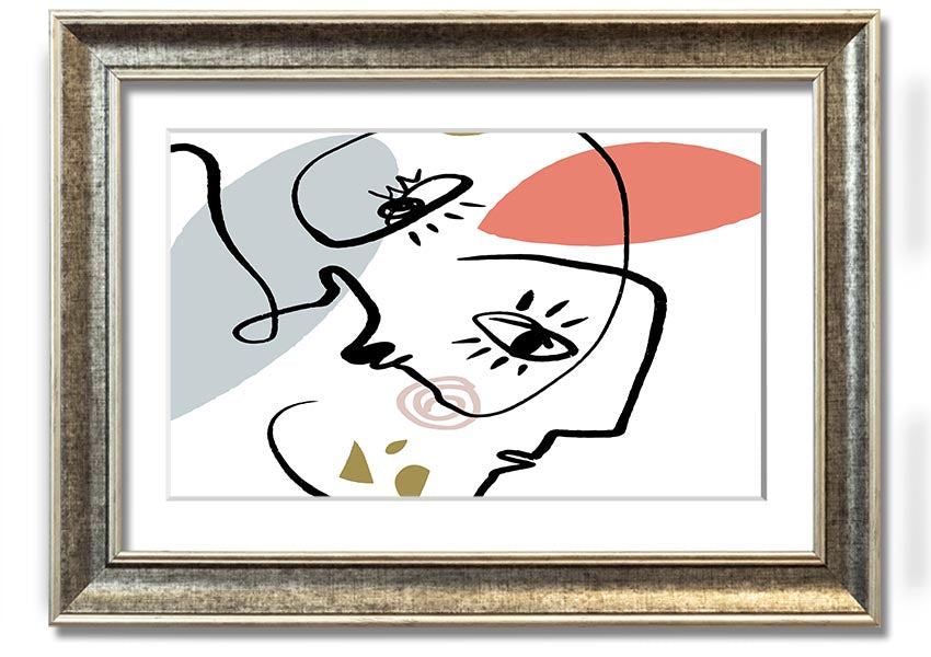 Framed print of abstract line drawing faces, showcasing minimalist art in various frame colors.