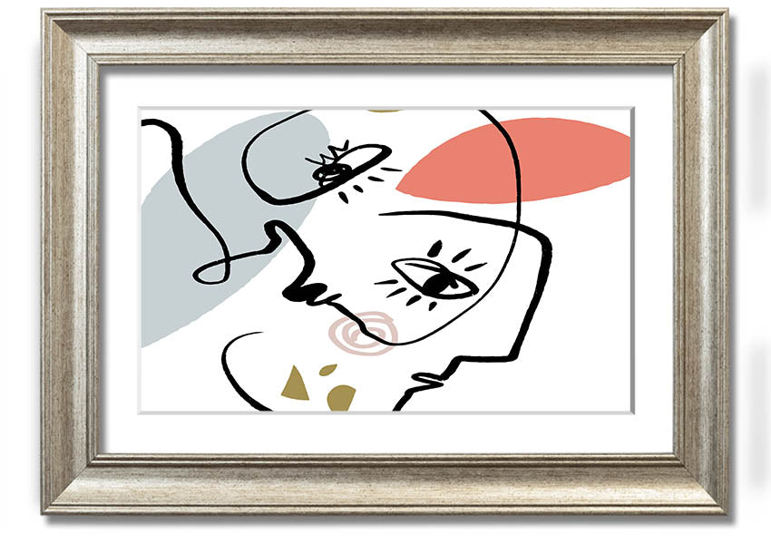 Framed print of abstract line drawing faces, showcasing minimalist art in various frame colors.