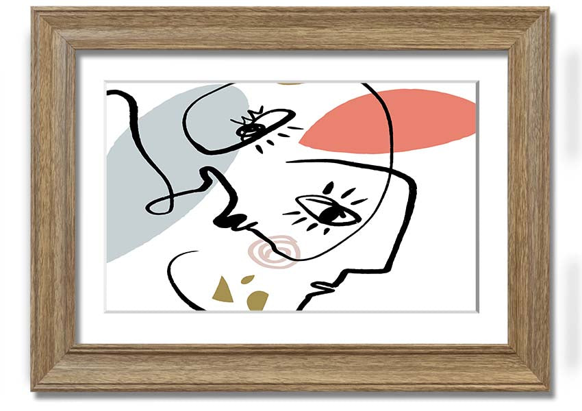Framed print of abstract line drawing faces, showcasing minimalist art in various frame colors.