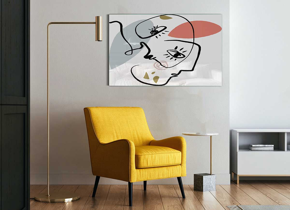 A modern glass print featuring abstract line drawings of faces, showcasing elegant and minimalist design.