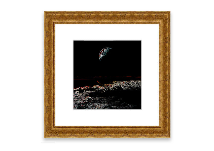 A beautifully framed Abstract Moon print showcasing an artistic representation of the moon in calming colors, ready to hang.