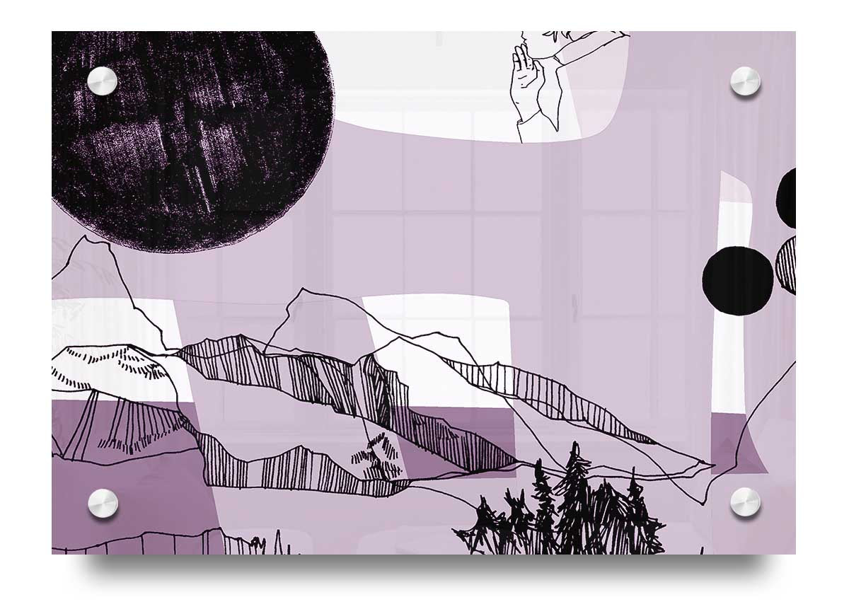 Abstract Mountain Lilac acrylic print on 5mm thick acrylic glass, showcasing vibrant lilac hues and mountain design.