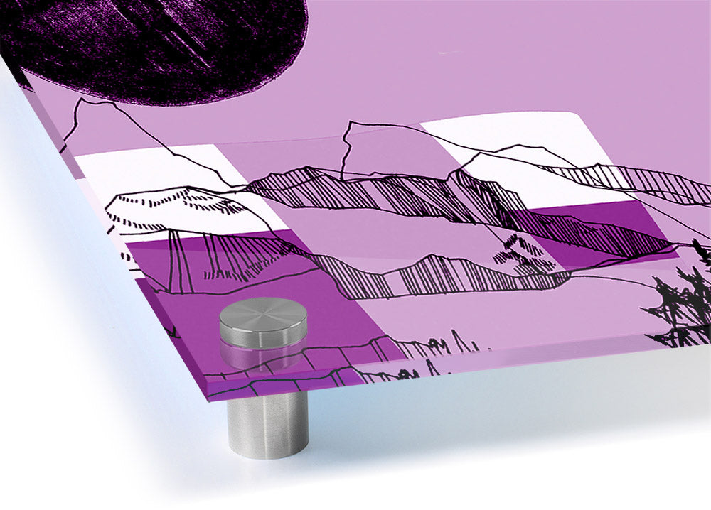 Abstract Mountain Purple acrylic print showcasing vibrant purple mountains on clear acrylic glass, ready to hang.