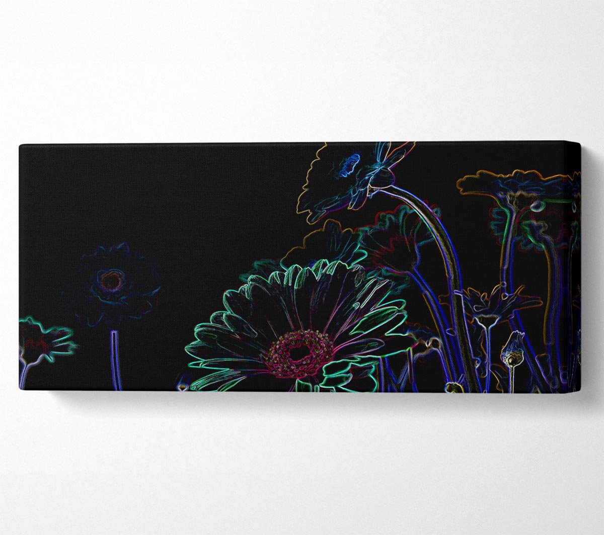Abstract Neon Floral 04 canvas art featuring vibrant floral patterns in neon colors, mounted on a sturdy box frame.