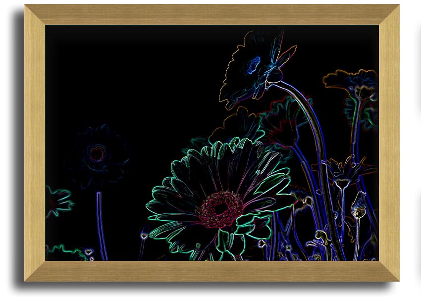 Abstract Neon Floral 04 framed print featuring vibrant colors and floral design, ready to hang.