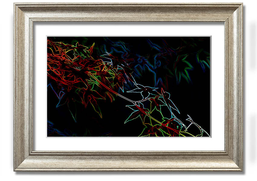 A vibrant Abstract Neon Floral 08 framed print showcasing colorful abstract flowers in a modern design.