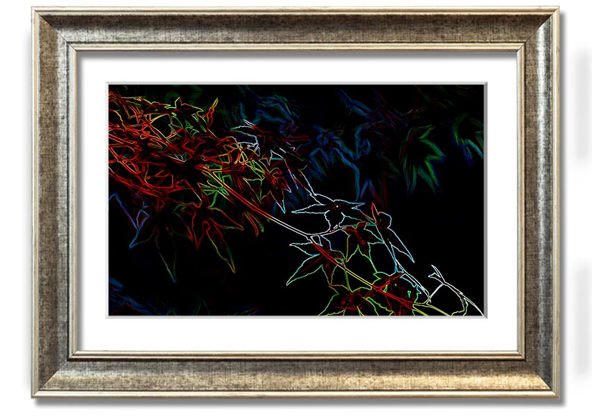 A vibrant Abstract Neon Floral 08 framed print showcasing colorful abstract flowers in a modern design.