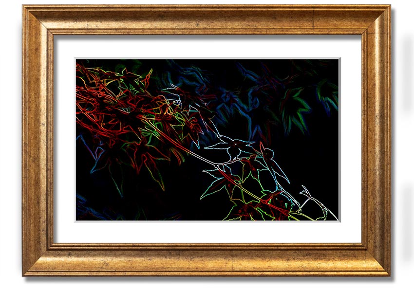 A vibrant Abstract Neon Floral 08 framed print showcasing colorful abstract flowers in a modern design.