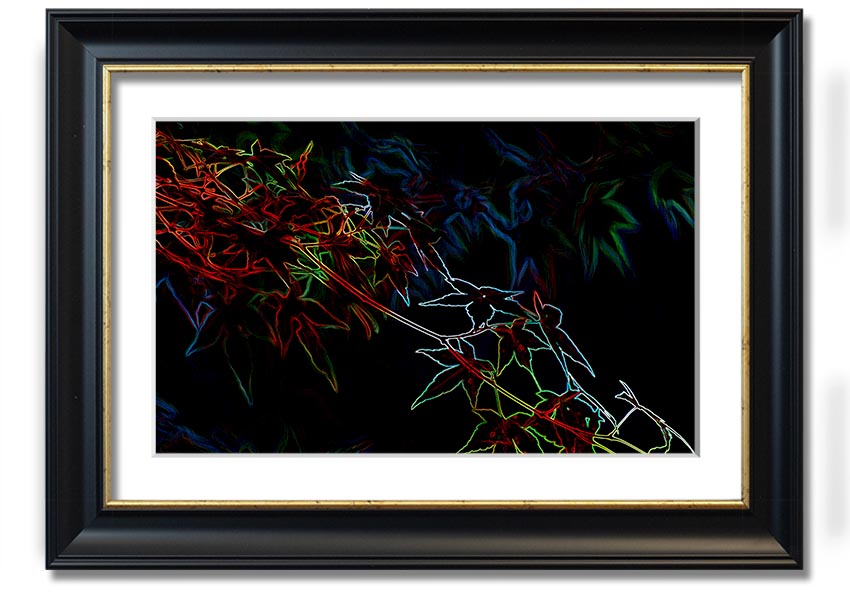 A vibrant Abstract Neon Floral 08 framed print showcasing colorful abstract flowers in a modern design.