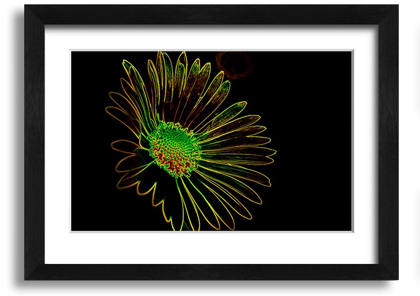 Abstract Neon Floral 13 framed print featuring vibrant colors and floral design, ready to hang.