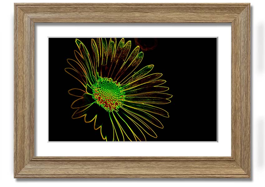 Abstract Neon Floral 13 framed print featuring vibrant colors and floral design, ready to hang.