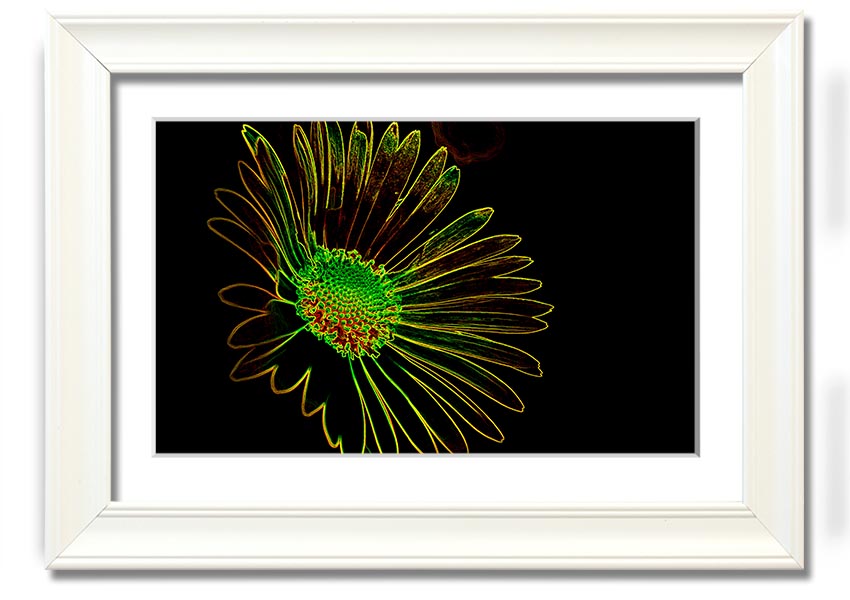 Abstract Neon Floral 13 framed print featuring vibrant colors and floral design, ready to hang.