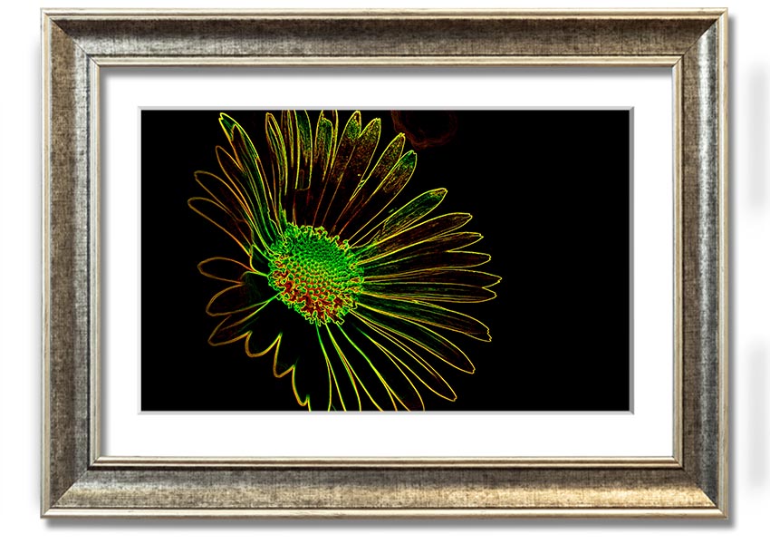Abstract Neon Floral 13 framed print featuring vibrant colors and floral design, ready to hang.
