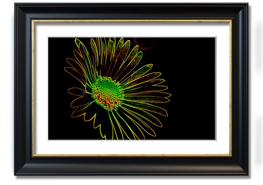 Abstract Neon Floral 13 framed print featuring vibrant colors and floral design, ready to hang.