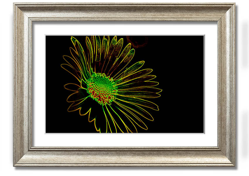Abstract Neon Floral 13 framed print featuring vibrant colors and floral design, ready to hang.