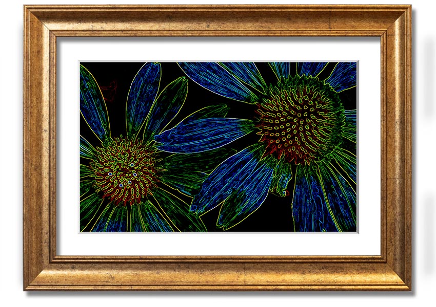 Abstract Neon Floral 18 framed print featuring vibrant colors and floral design, ready to hang.