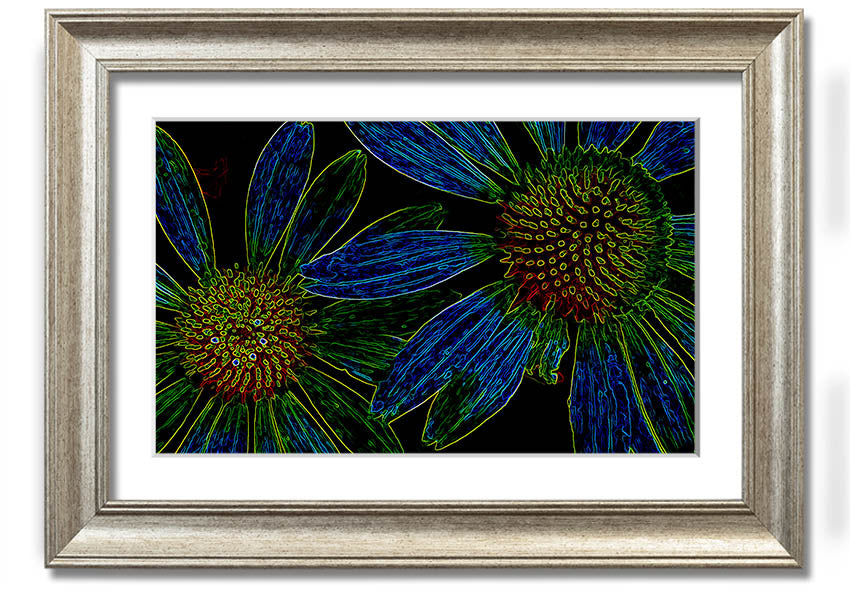 Abstract Neon Floral 18 framed print featuring vibrant colors and floral design, ready to hang.