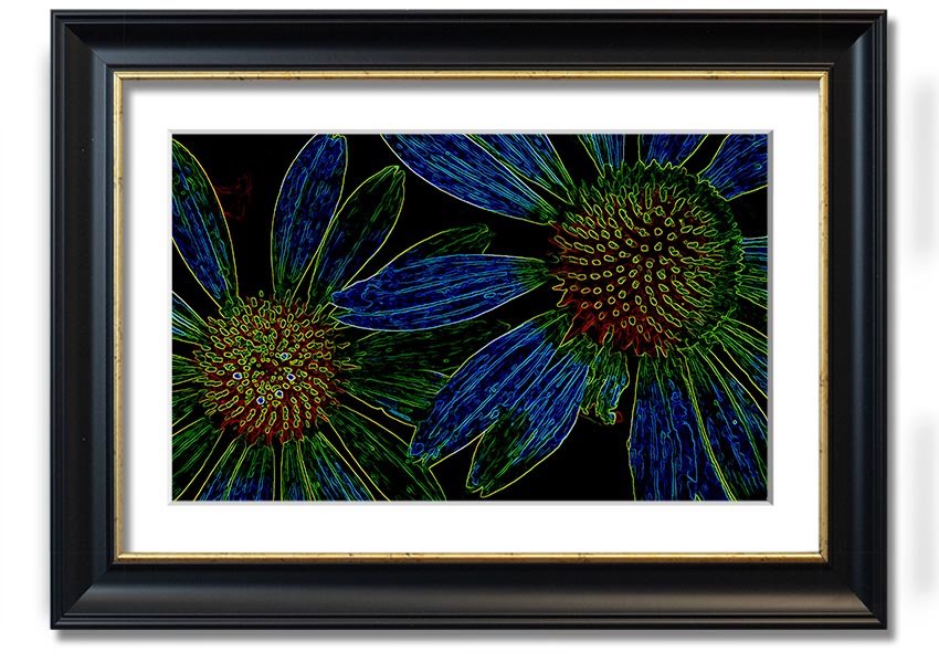 Abstract Neon Floral 18 framed print featuring vibrant colors and floral design, ready to hang.