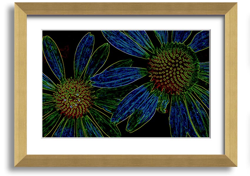 Abstract Neon Floral 18 framed print featuring vibrant colors and floral design, ready to hang.