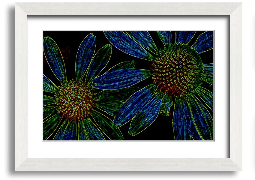 Abstract Neon Floral 18 framed print featuring vibrant colors and floral design, ready to hang.