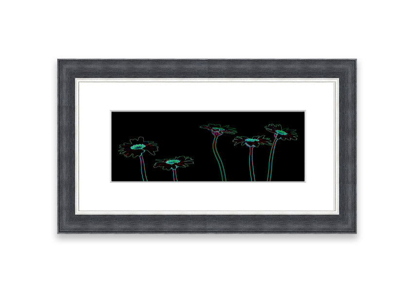 Abstract Neon Floral 29 framed print with vibrant colors and floral design, ready to hang.