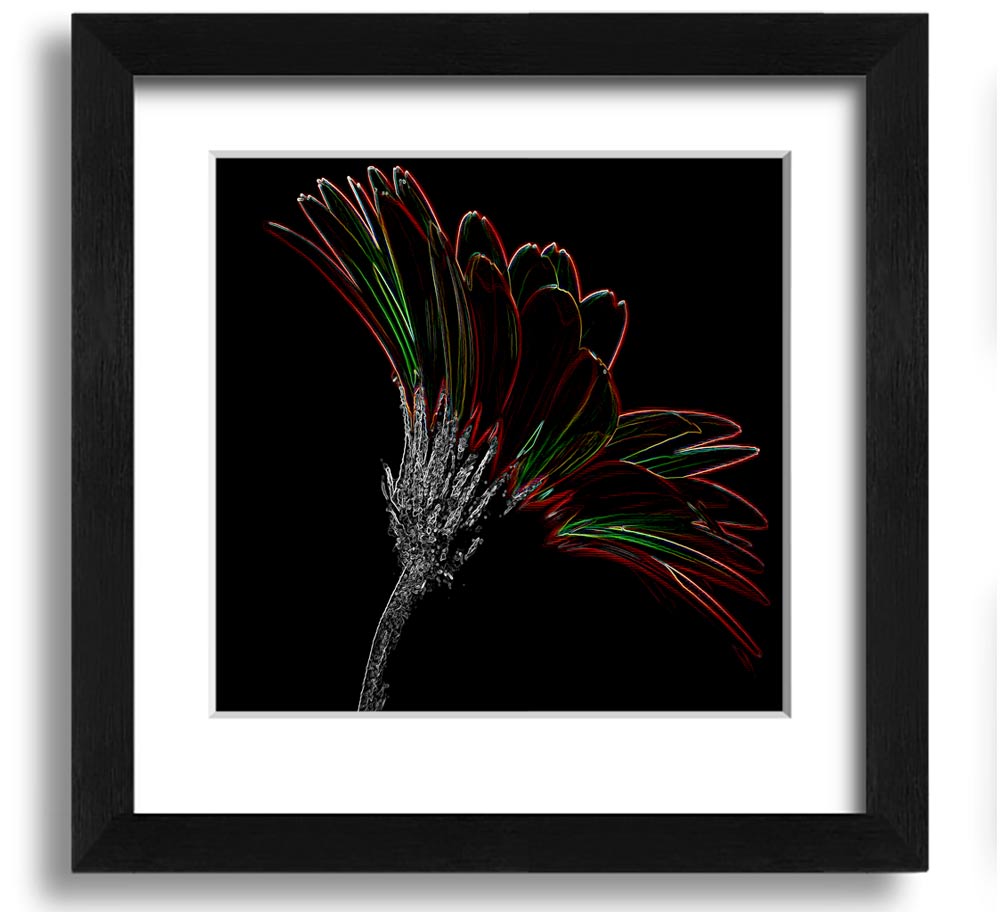 A vibrant square framed print featuring abstract neon floral designs, handmade in the UK.