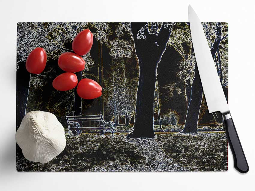 Abstract Neon Landscape 01 chopping board made of tempered glass with vibrant colors and a chinchilla ripple effect, featuring an anti-slip base.