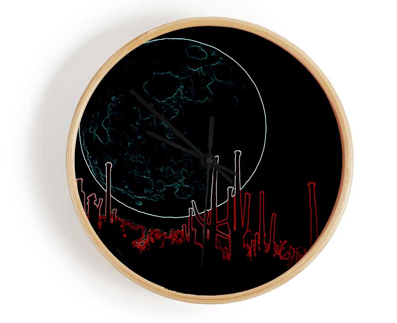 Abstract Neon Landscape 07 clock featuring a vibrant design on a natural bamboo frame with a clear Plexiglas lens.