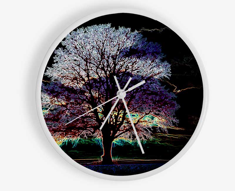 Abstract Neon Landscape 12 clock featuring a vibrant design on a natural bamboo frame with a clear Plexiglas lens.
