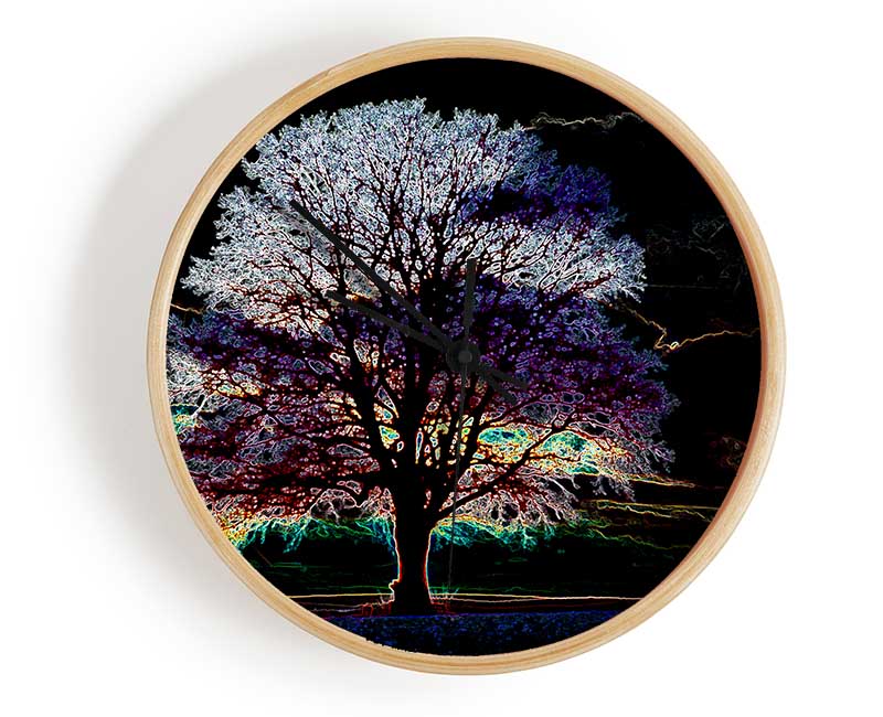 Abstract Neon Landscape 12 clock featuring a vibrant design on a natural bamboo frame with a clear Plexiglas lens.