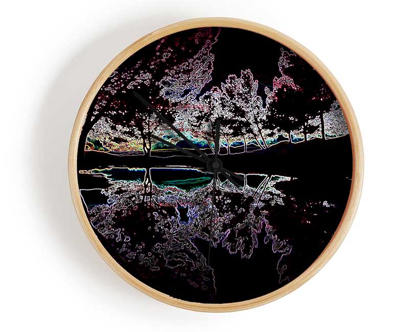 Abstract Neon Landscape 13 clock featuring a vibrant design on a natural bamboo frame with a clear Plexiglas lens.