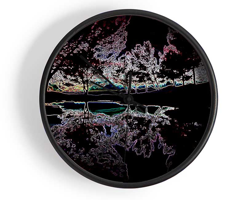 Abstract Neon Landscape 13 clock featuring a vibrant design on a natural bamboo frame with a clear Plexiglas lens.