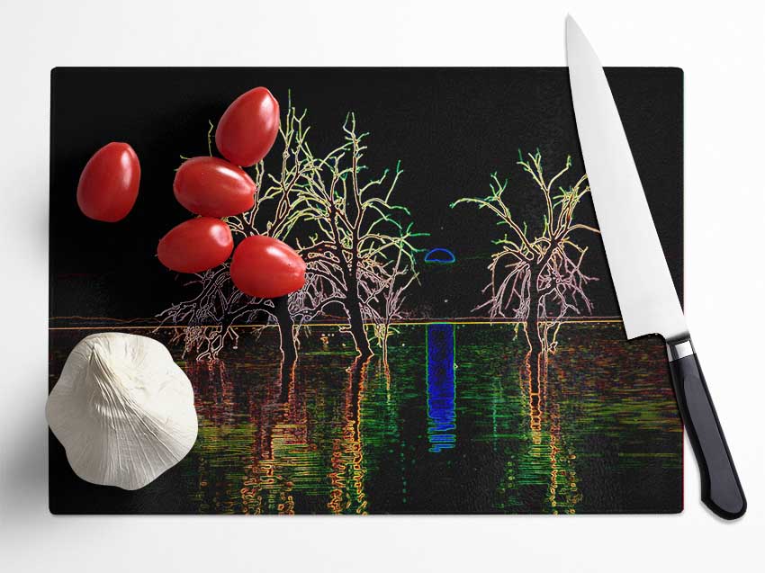 Abstract Neon Landscape 15 chopping board made of tempered glass with vibrant colors and a chinchilla ripple effect.