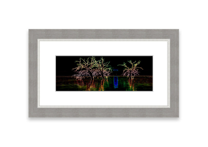 Framed print of Abstract Neon Landscape 15 featuring vibrant neon colors, ready to hang, handmade in the UK.