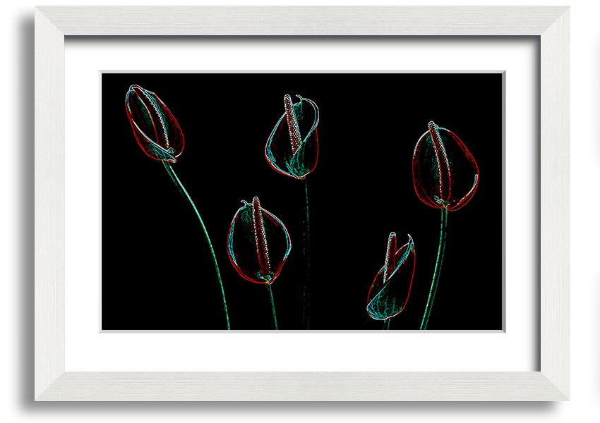 A vibrant framed print of abstract neon flowers against a dark background, showcasing multiple frame color options.
