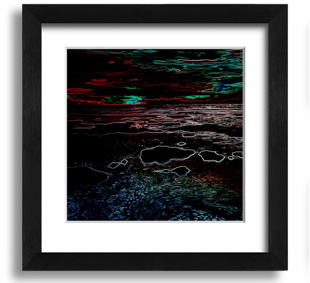 A vibrant Abstract Neon Seascape framed print showcasing colorful ocean waves in a modern square design.