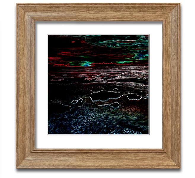 A vibrant Abstract Neon Seascape framed print showcasing colorful ocean waves in a modern square design.