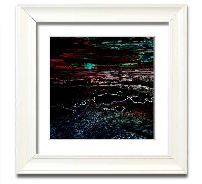 A vibrant Abstract Neon Seascape framed print showcasing colorful ocean waves in a modern square design.