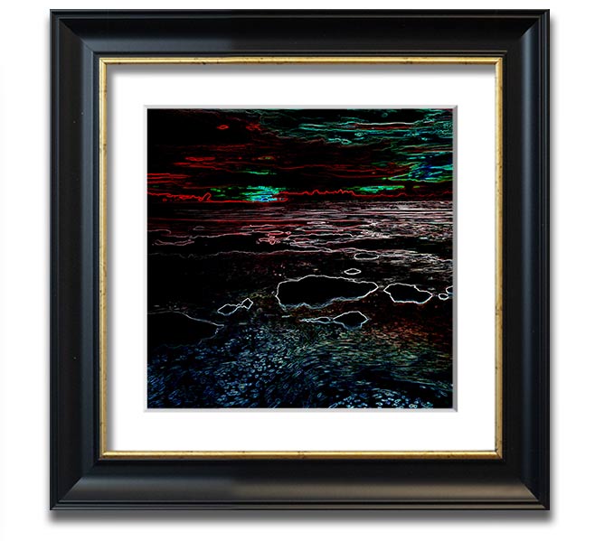 A vibrant Abstract Neon Seascape framed print showcasing colorful ocean waves in a modern square design.