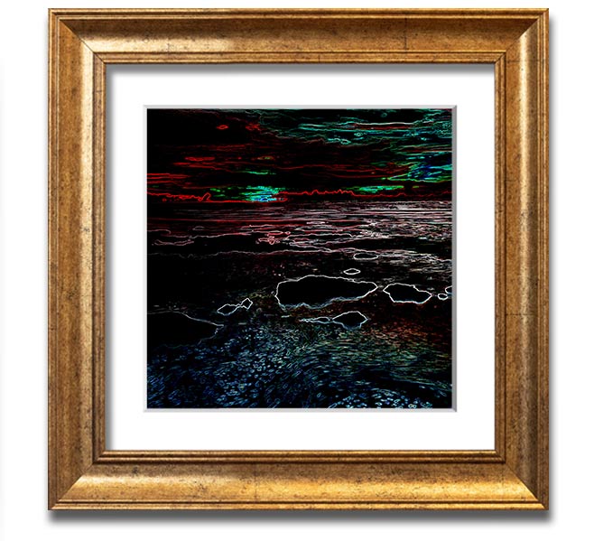 A vibrant Abstract Neon Seascape framed print showcasing colorful ocean waves in a modern square design.
