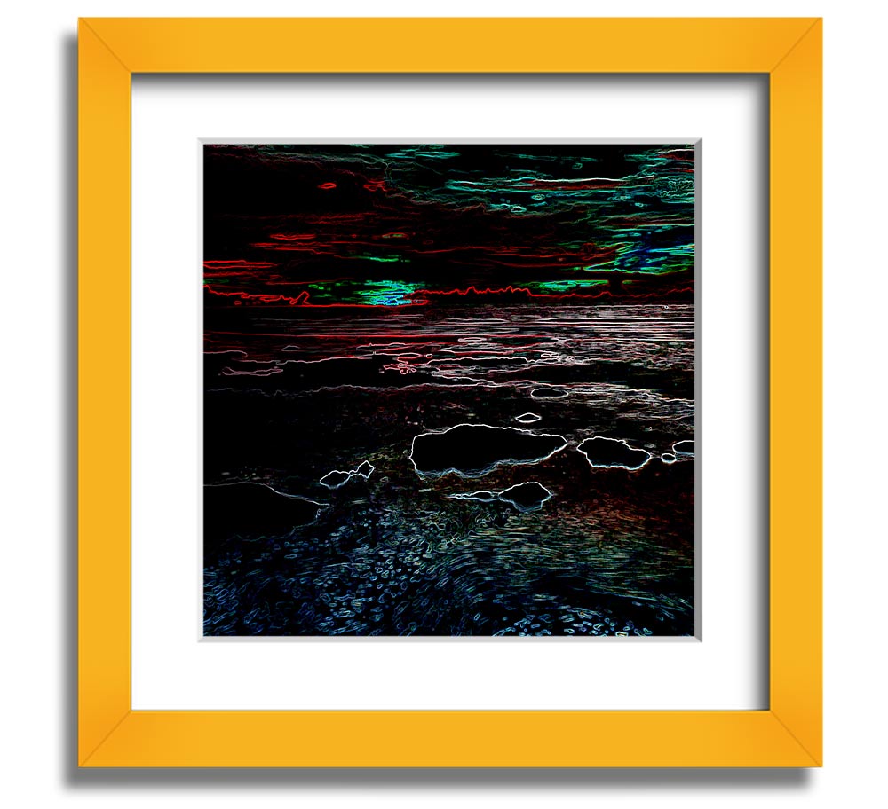 A vibrant Abstract Neon Seascape framed print showcasing colorful ocean waves in a modern square design.