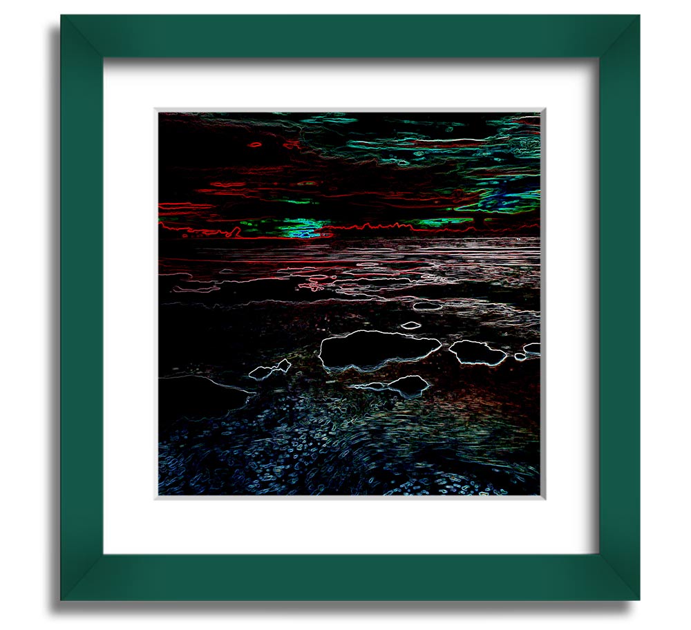 A vibrant Abstract Neon Seascape framed print showcasing colorful ocean waves in a modern square design.