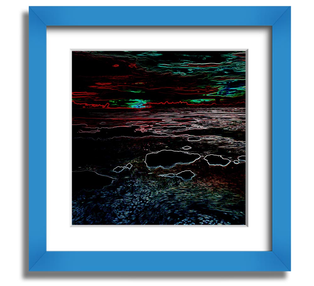 A vibrant Abstract Neon Seascape framed print showcasing colorful ocean waves in a modern square design.