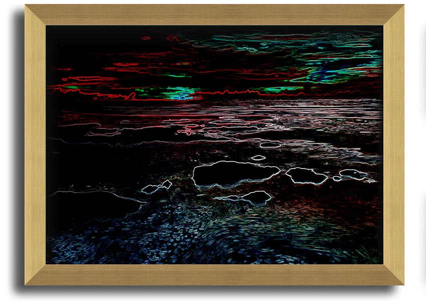 A vibrant Abstract Neon Seascape framed print showcasing colorful ocean waves in neon hues, ready to hang.