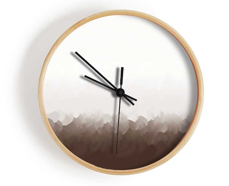Abstract Ocean Beige On White clock made from natural bamboo with a round face and clear Plexiglas lens, showcasing modern design.