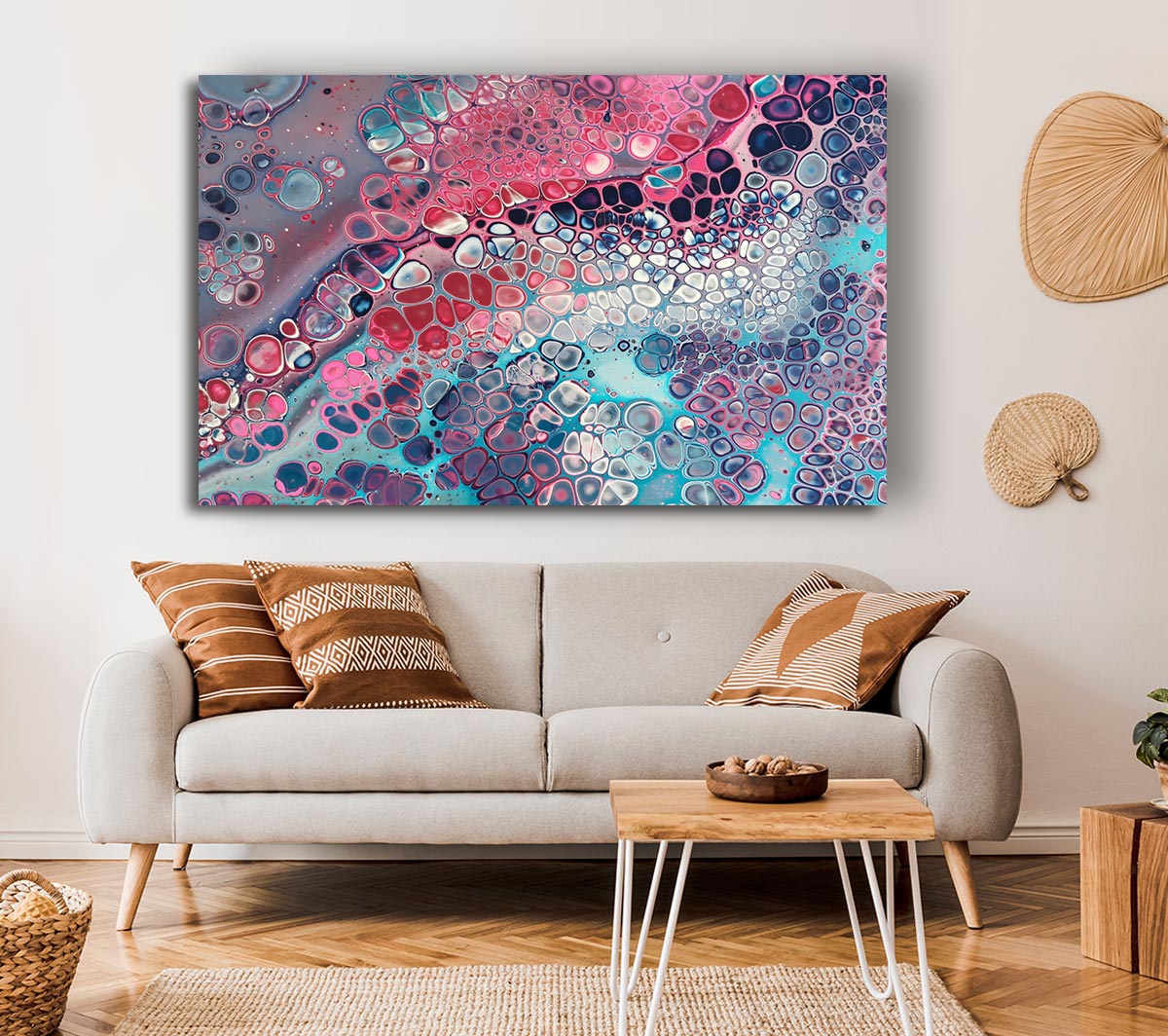 Vibrant Abstract Oil Pastels artwork on coated polyester canvas, mounted on a 44mm box frame, ready to hang.