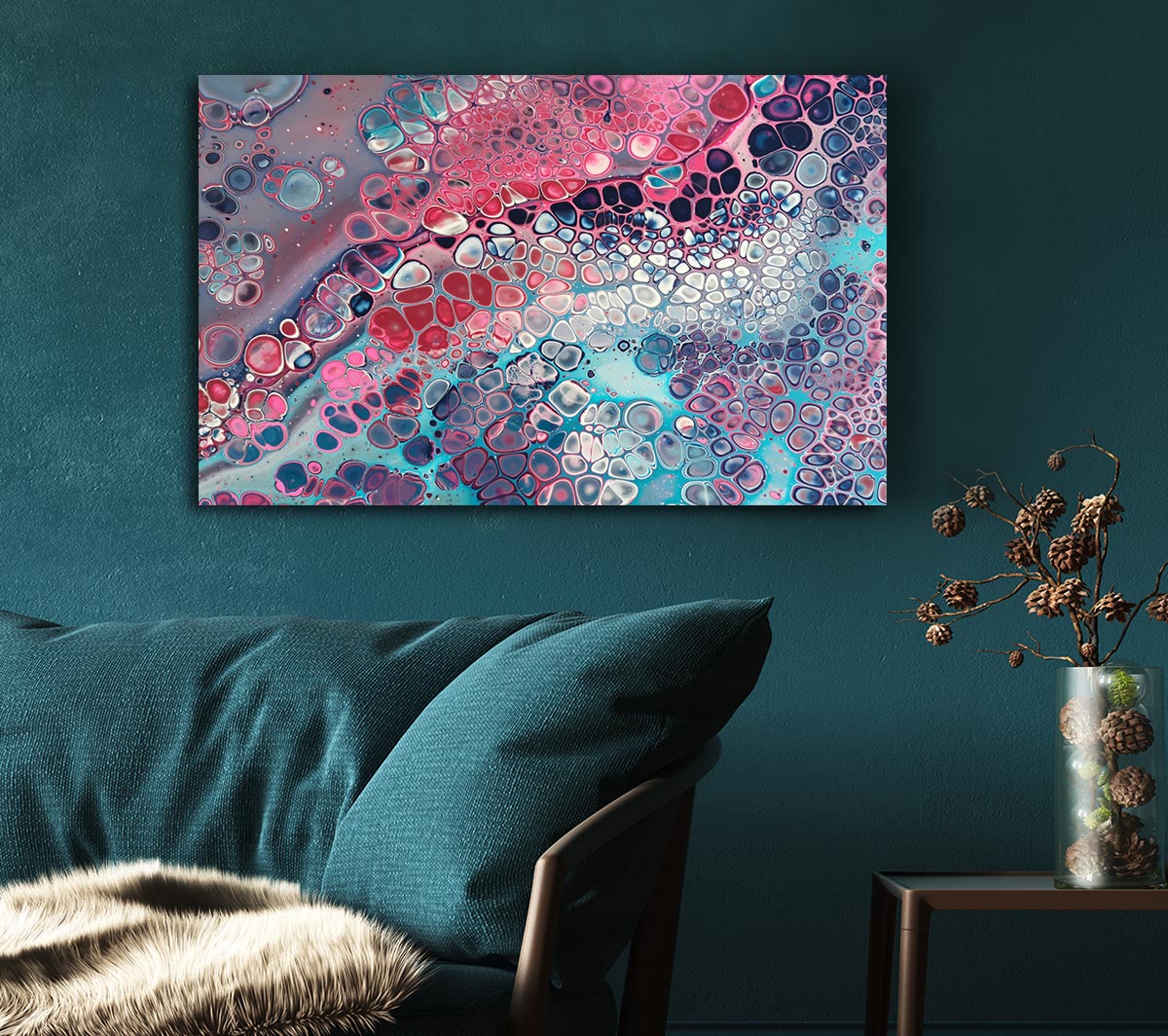 Vibrant Abstract Oil Pastels artwork on coated polyester canvas, mounted on a 44mm box frame, ready to hang.